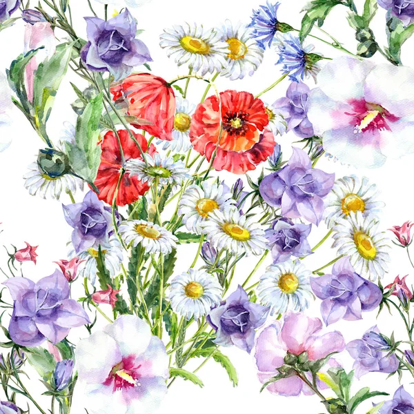 水彩の花束の野生の花 白い背景にシームレス パターン — ストック写真