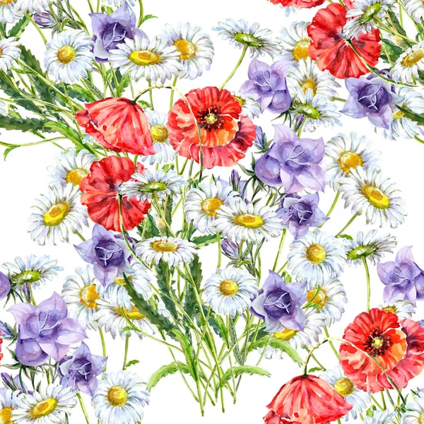 水彩花束野生の花ポピー カモミールとベルの花 白い背景にシームレス パターン — ストック写真