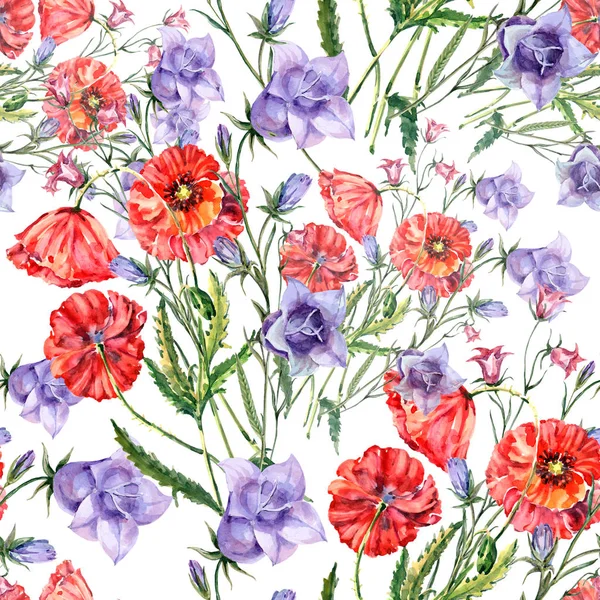 Buquê Azul Bellflower Vermelho Poppies Watercolor Padrão Sem Costura Fundo — Fotografia de Stock