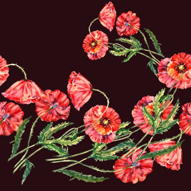 Suluboya buket kırmızı haşhaş. Gri bir arka plan üzerinde çiçek seamless modeli. Çiçek lamineye.