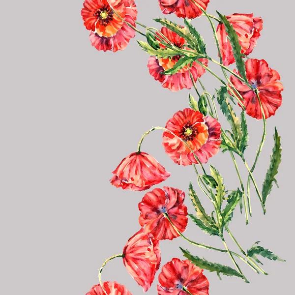 Watercolor Bouquet Red Poppies Floral Seamless Pattern Gray Background Flowers — Stock Photo, Image