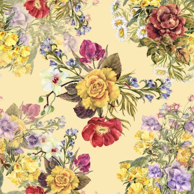 Suluboya farklı buketleri. Sarı bir arka plan üzerinde çiçek seamless modeli.