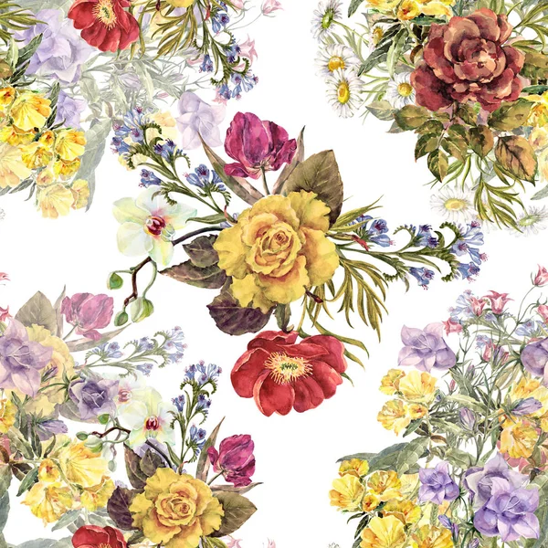 Suluboya farklı buketleri. Beyaz bir arka plan üzerinde çiçek seamless modeli.
