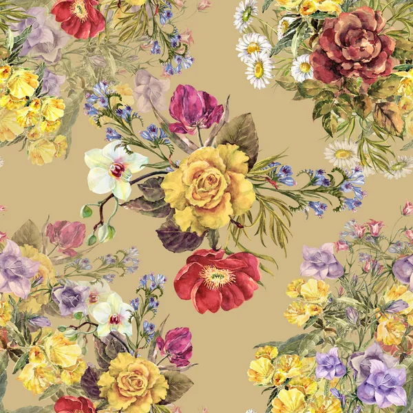 Suluboya farklı buketleri. Hardal bir arka plan üzerinde çiçek seamless modeli.