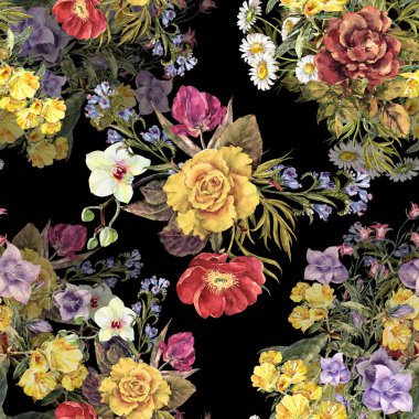 Suluboya farklı buketleri. Siyah zemin çiçek seamless modeli.