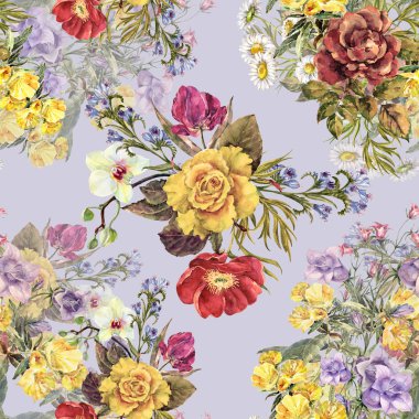 Suluboya farklı buketleri. Mavi bir arka plan üzerinde çiçek seamless modeli.