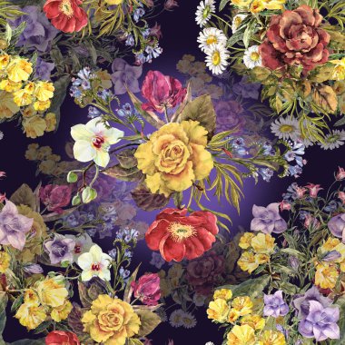 Suluboya farklı buketleri. Mor bir arka plan üzerinde çiçek seamless modeli.