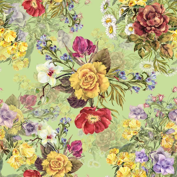 Acquerello Bouquet Diversi Motivo Floreale Senza Cuciture Uno Sfondo Verde — Foto Stock