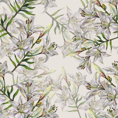 Beyaz lilyum buketi. Sütlü bir arka plan üzerinde çiçek seamless modeli.