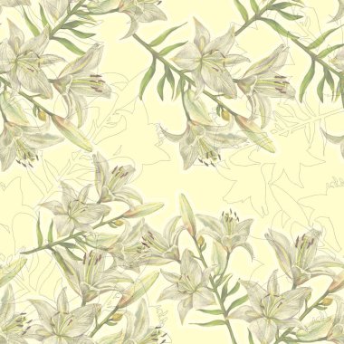 Beyaz lilyum buketi. Krem bir arka plan üzerinde çiçek seamless modeli.