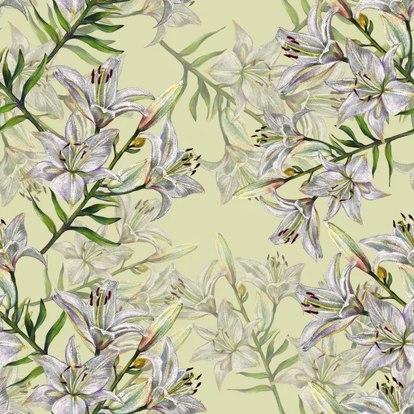 Bouquet White Lilies Floral Seamless Pattern Lime Green Background — Stock Photo, Image