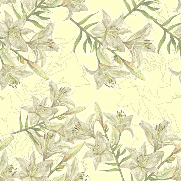 Bouquet White Lilies Floral Seamless Pattern Cream Background — Stock Photo, Image