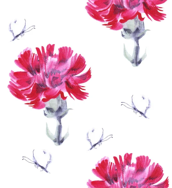 Akvarell Rosa Nejlika Med Fjäril Seamless Mönster Stor Blomma — Stockfoto