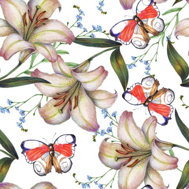 Çiçekler ile Seamless modeli kelebek. Beyaz bir arka plan üzerinde çiçek şekil.