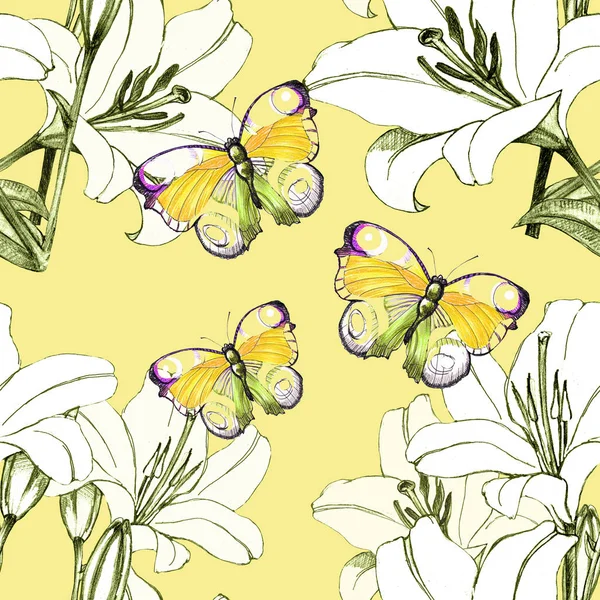 Modèle Sans Couture Fleur Lis Papillon Sur Fond Jaune — Photo