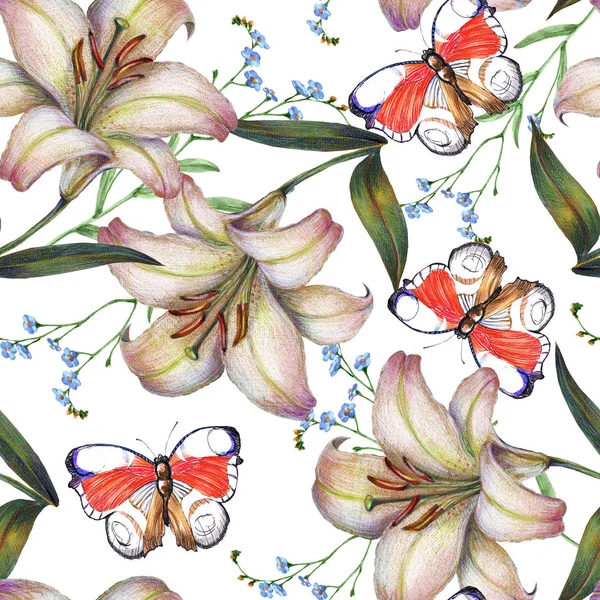 Jednolity Wzór Motyla Kwiatami Ilustracja Kwiat Kwiatowy Białym Tle — Zdjęcie stockowe