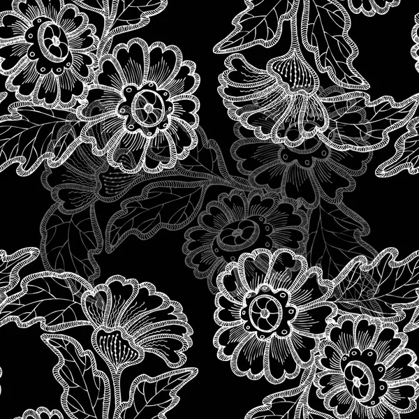 Seamless Pattern White Graphic Flowers Black Background — Stock Photo, Image