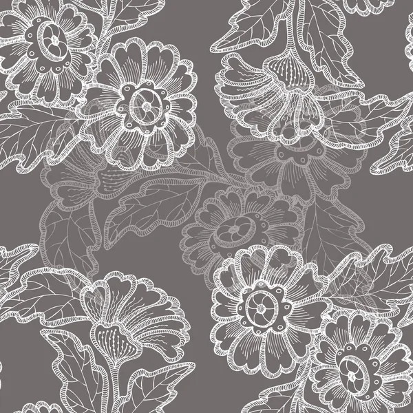 灰色の背景に白のシームレスなパターン グラフィック花 — ストック写真