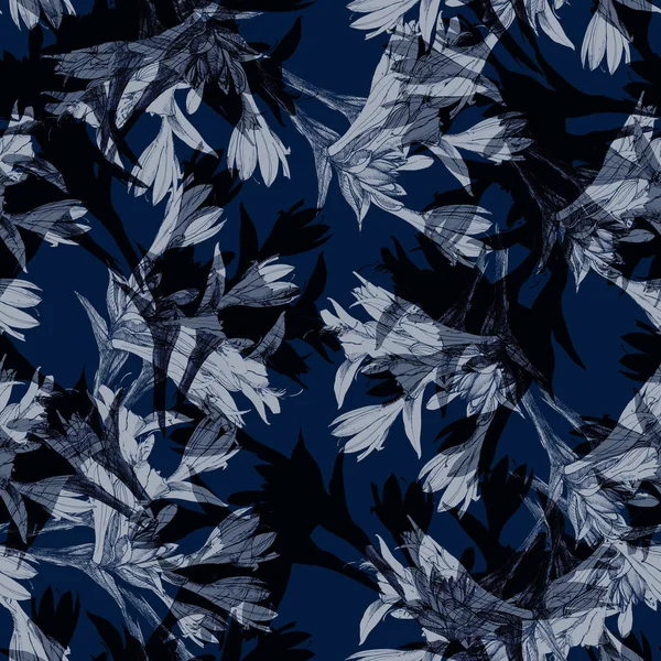 Безшовний Візерунок Графічні Лілії Синьому Фоні — стокове фото