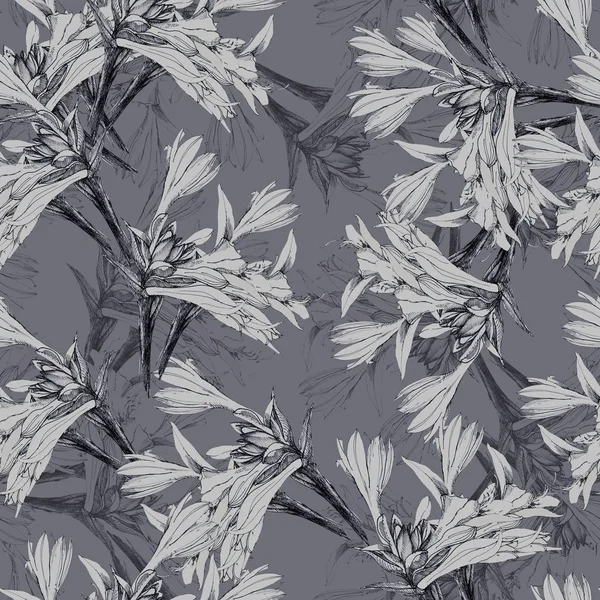 Seamless pattern graphic lilies on gray background.