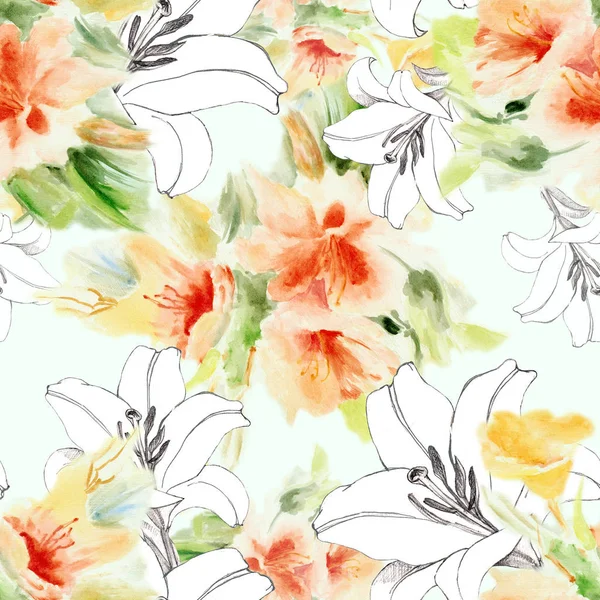 Watercolor Chinese Rose Graphic Lily Seamless Pattern Light Green Background — Stock Photo, Image