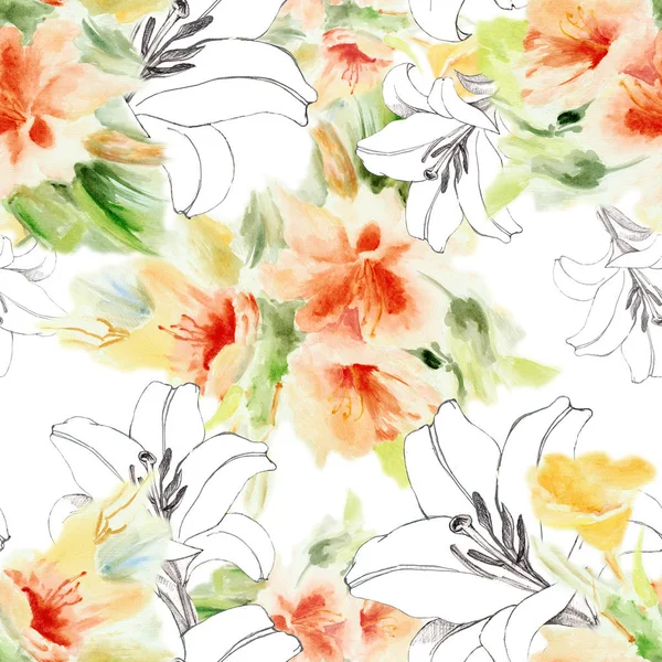 Watercolor Chinese Rose Graphic Lily Seamless Pattern White Background — Stock Photo, Image