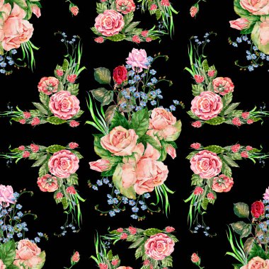 Siyah arka plan üzerinde Dikişsiz desen suluboya buketi farklı güller.