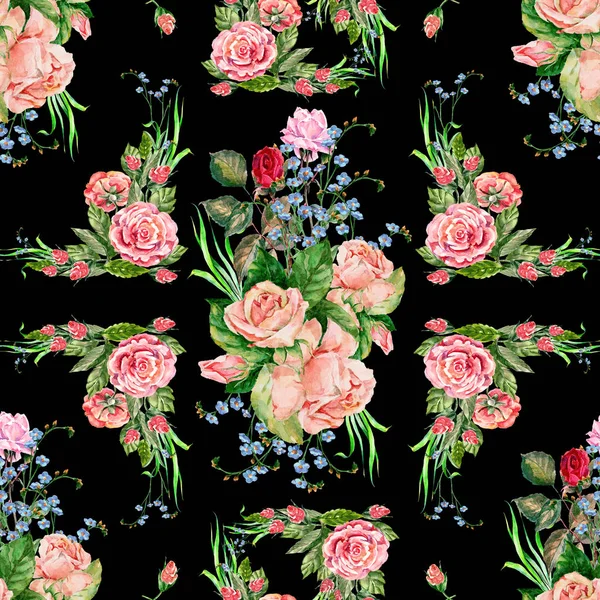 无缝图案水彩花束不同玫瑰在黑色背景 — 图库照片