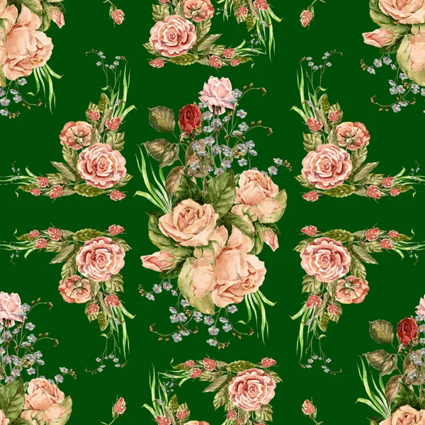 Patrón Inconsútil Ramo Acuarela Diferentes Rosas Sobre Fondo Verde — Foto de Stock