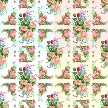 Farklı arka planda dikişsiz desen suluboya buketi farklı güller.