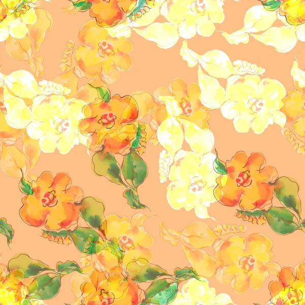 Безшовний Візерунок Квіткового Елемента Жовтому Тлі Акварельна Ілюстрація — стокове фото