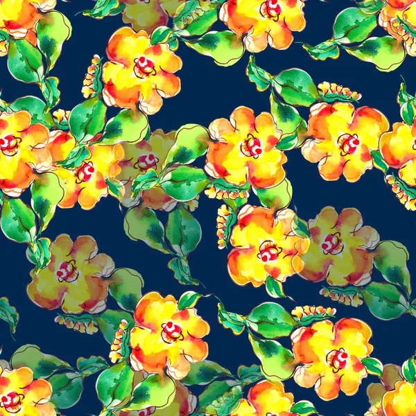 Seamless Pattern Floral Element Yellow Background Watercolor Illustration — Stock Photo, Image