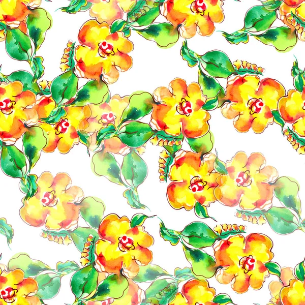 Seamless Pattern Floral Element Yellow Background Watercolor Illustration — Stock Photo, Image