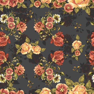 Suluboya buket farklı çiçekler. Koyu gri arka planda çiçekli Dikişsiz desen.