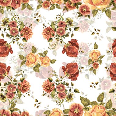 Suluboya buket farklı çiçekler. Beyaz arka planda Floral Dikişsiz desen.