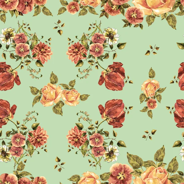 水彩画の花束異なる花 ライムグリーンの背景に花のシームレスなパターン — ストック写真