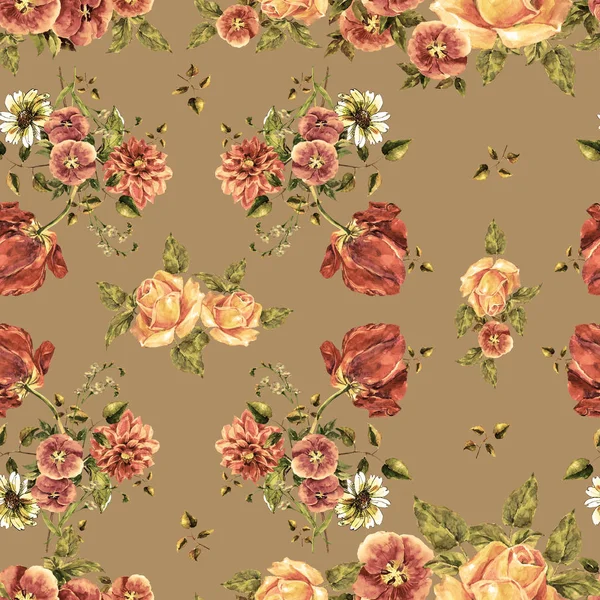 Watercolor Bouquet Different Flowers Floral Seamless Pattern Ochre Background — Stock Photo, Image