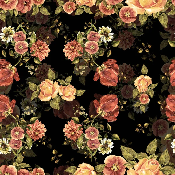Akwarela Bukiet Różnych Kwiatów Kwiatowy Wzór Bez Szwu Czarnym Tle — Zdjęcie stockowe