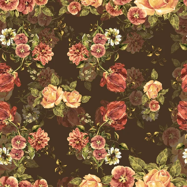 Suluboya buket farklı çiçekler. Koyu kahverengi arka planda çiçekli Dikişsiz desen.