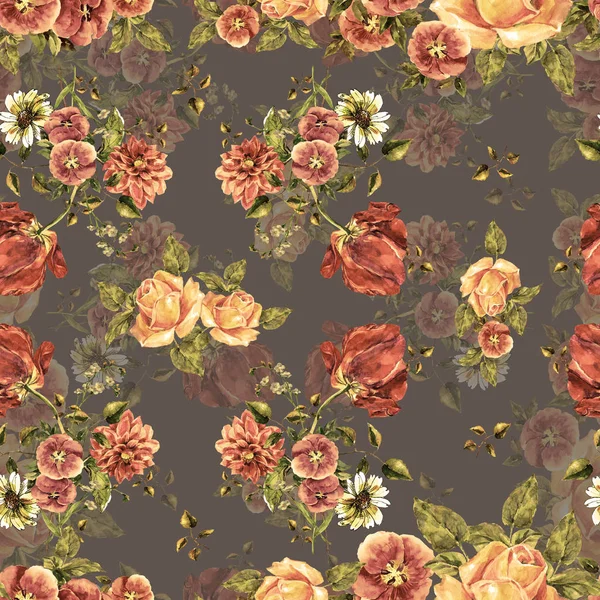 水彩画の花束異なる花 灰色の背景に花のシームレスなパターン — ストック写真