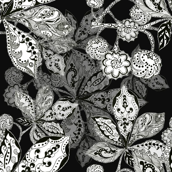 Graphic Monochrome Chestnut Leaves Decorative Elements Seamless Pattern Your Design — Stock Photo, Image