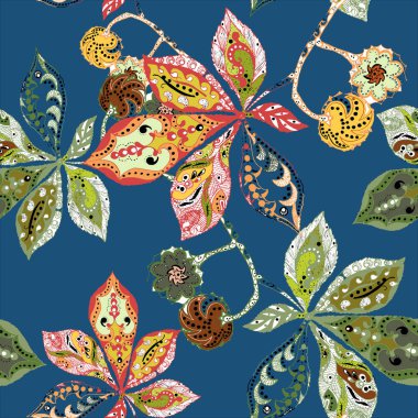 Grafik kestane mavi arka plan üzerinde tasarım için dekoratif unsurları dikişsiz desen bırakır. Çiçek vektörü.