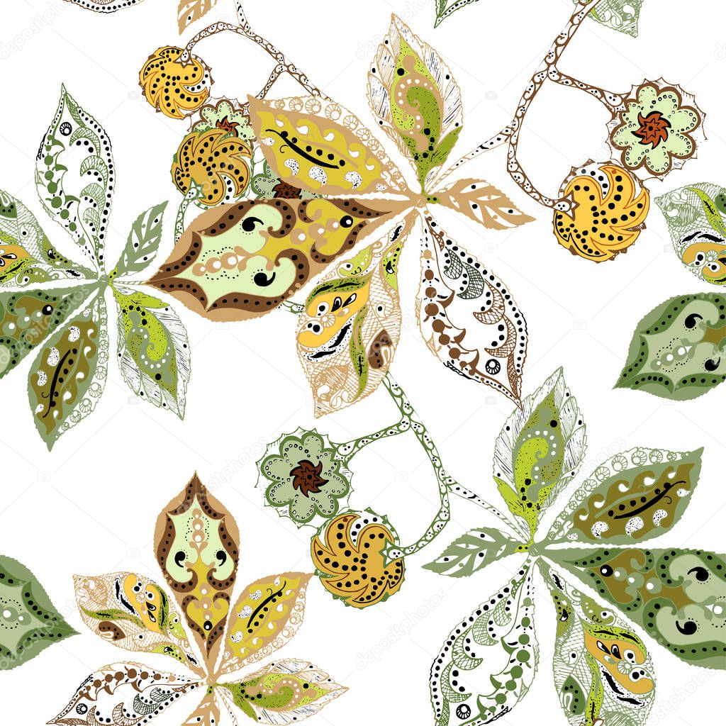 Graphic chestnut leaves decorative elements seamless pattern for your design on white background. Floral vector.