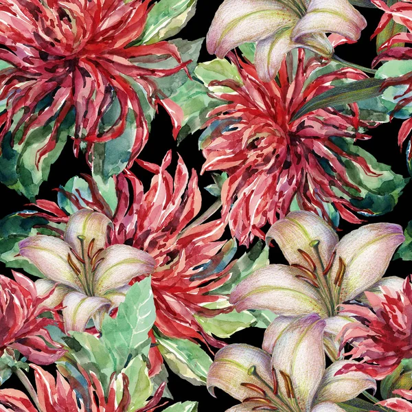 Watercolor Burgundy Dahlia White Lily Seamless Pattern Black Background — Stock Photo, Image