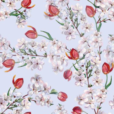 Suluboya bahar buketi çiçekler lale ve çiçekler kiraz mavi arka plan üzerinde. Çiçek dikişsiz desen.
