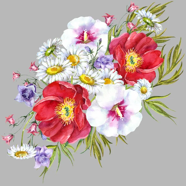 Aquarela Buquê Verão Flores Diferentes Illustrayion Fundo Cinza — Fotografia de Stock