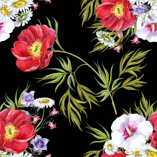 Suluboya Buketi Yaz Farklı Çiçekler Siyah Arka Planda Dikişsiz Desen — Stok fotoğraf