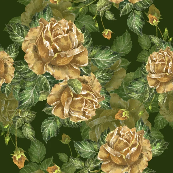 绿色背景的精致玫瑰 花卉无缝图案 — 图库照片