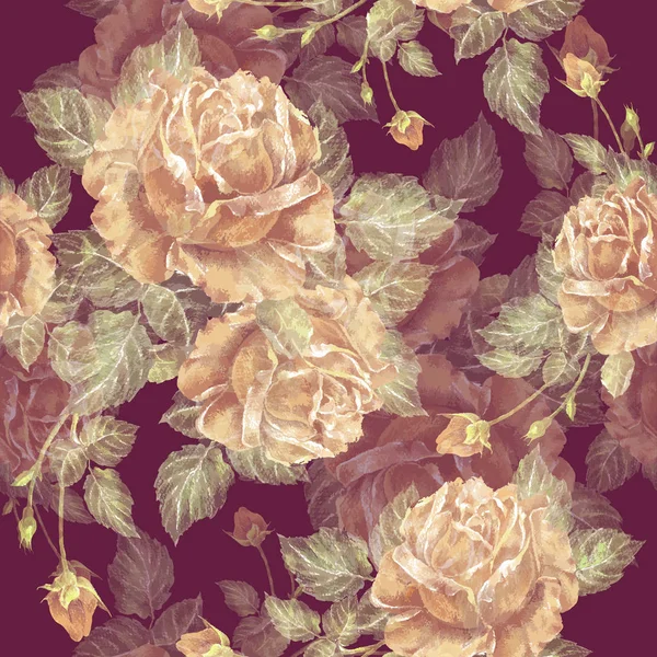 酒红色背景的精致玫瑰 花卉无缝图案 — 图库照片
