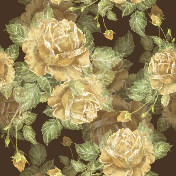 棕色背景的精致玫瑰 花卉无缝图案 — 图库照片